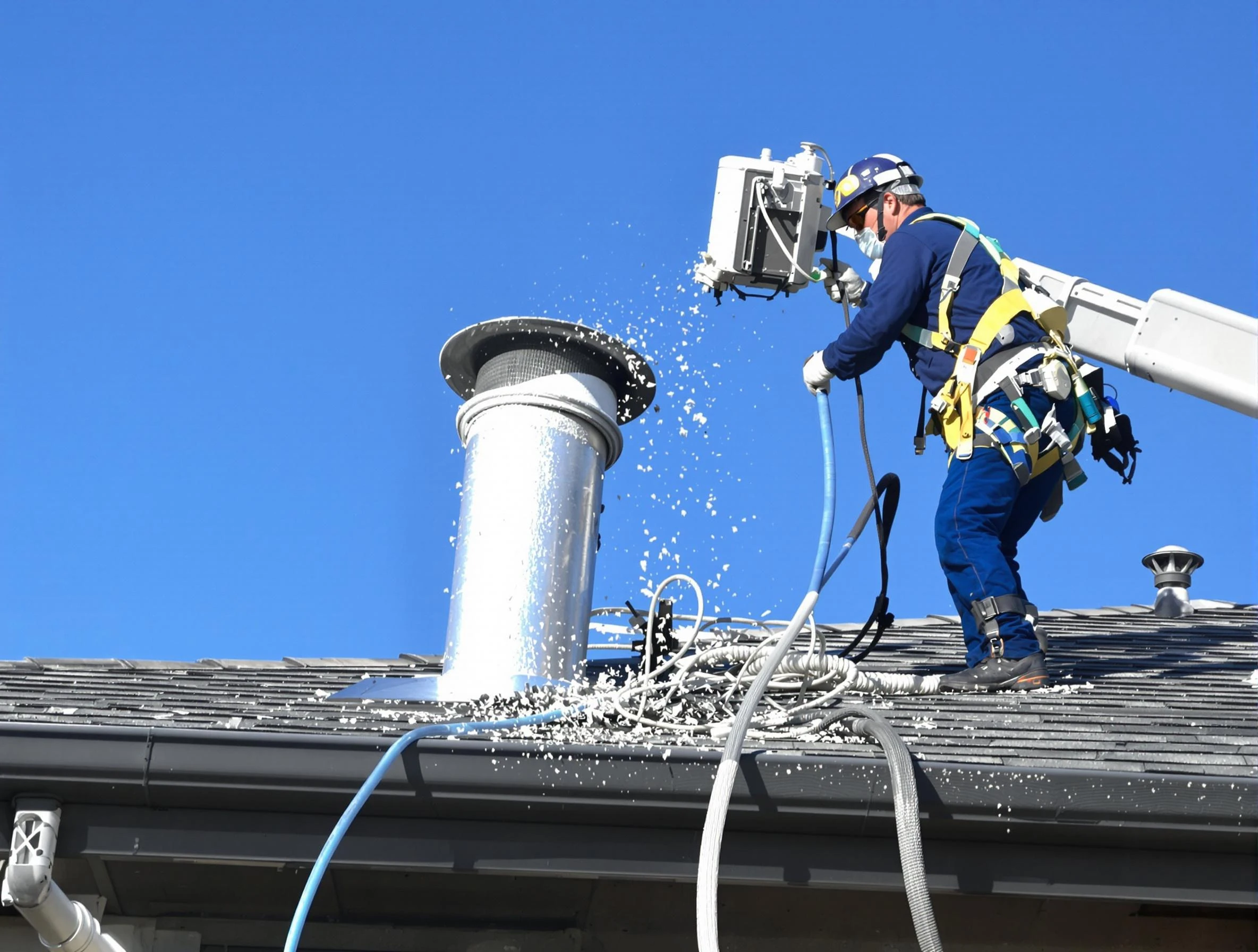 Montevallo Dryer Vent Cleaning certified technician safely cleaning a roof-mounted dryer vent in Montevallo